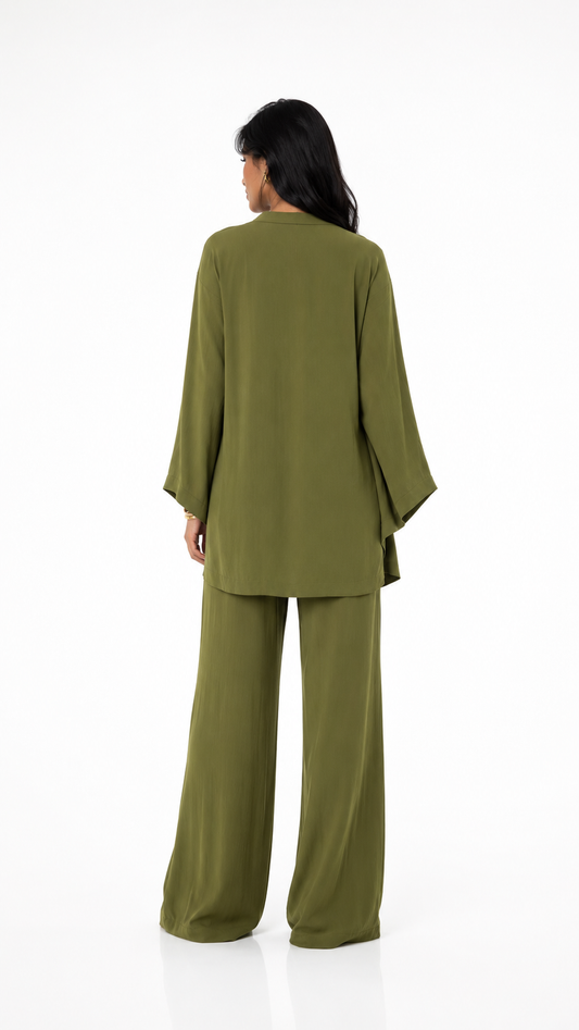 Elodie Olive Green Kimono & Wide Leg Pants Set