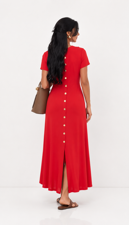 Eleni Red Button Detail Midi Dress