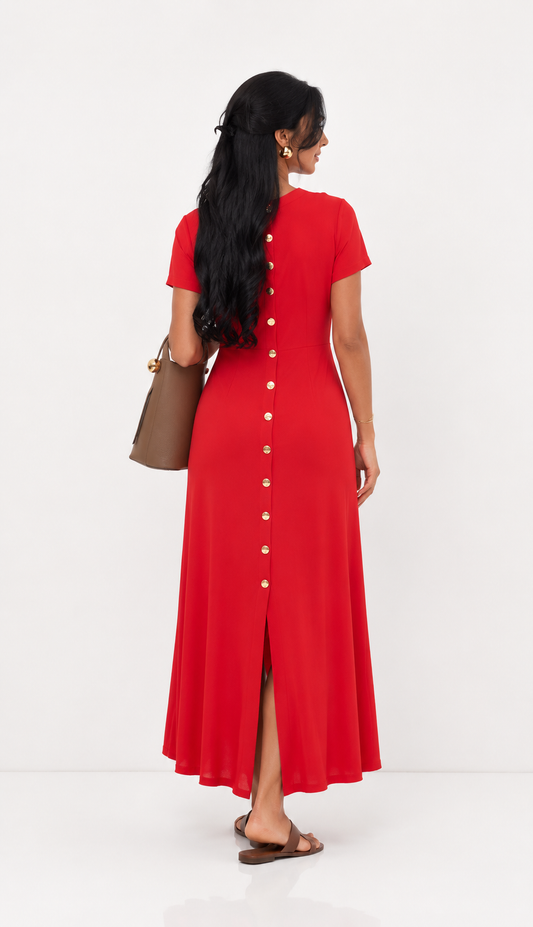 Eleni Red Button Detail Midi Dress