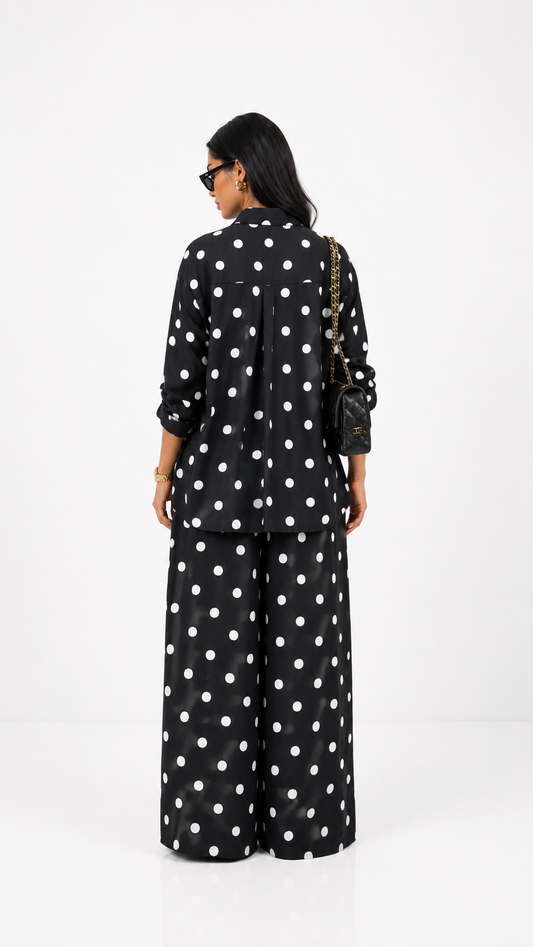 Amina Black Polka Dot Shirt & Wide Leg Pants Set