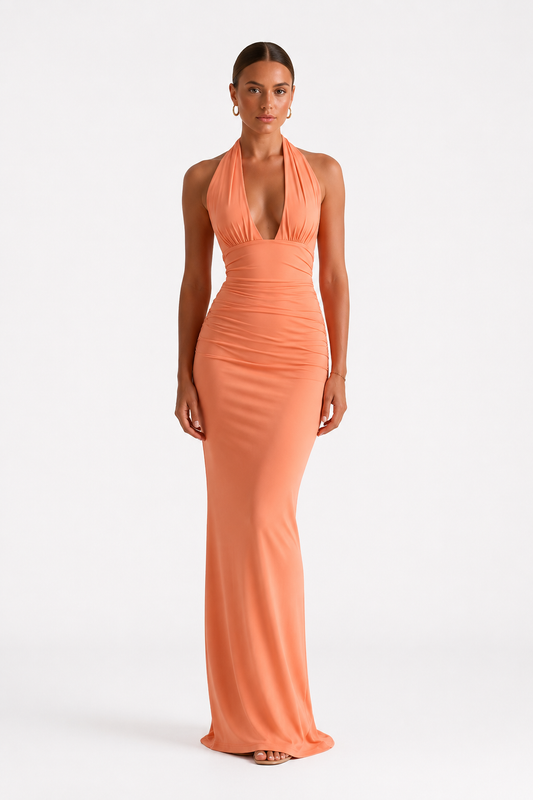 Nola Coral Ruched Halter Maxi Dress
