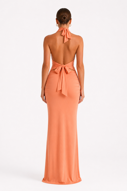 Nola Coral Ruched Halter Maxi Dress