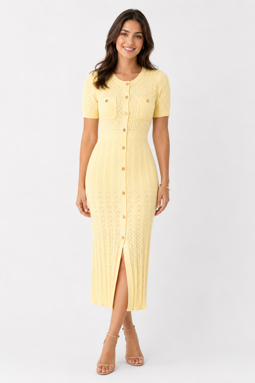 Maya Soft Yellow Textured Midi Dress