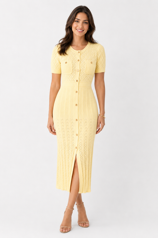 Maya Soft Yellow Textured Midi Dress