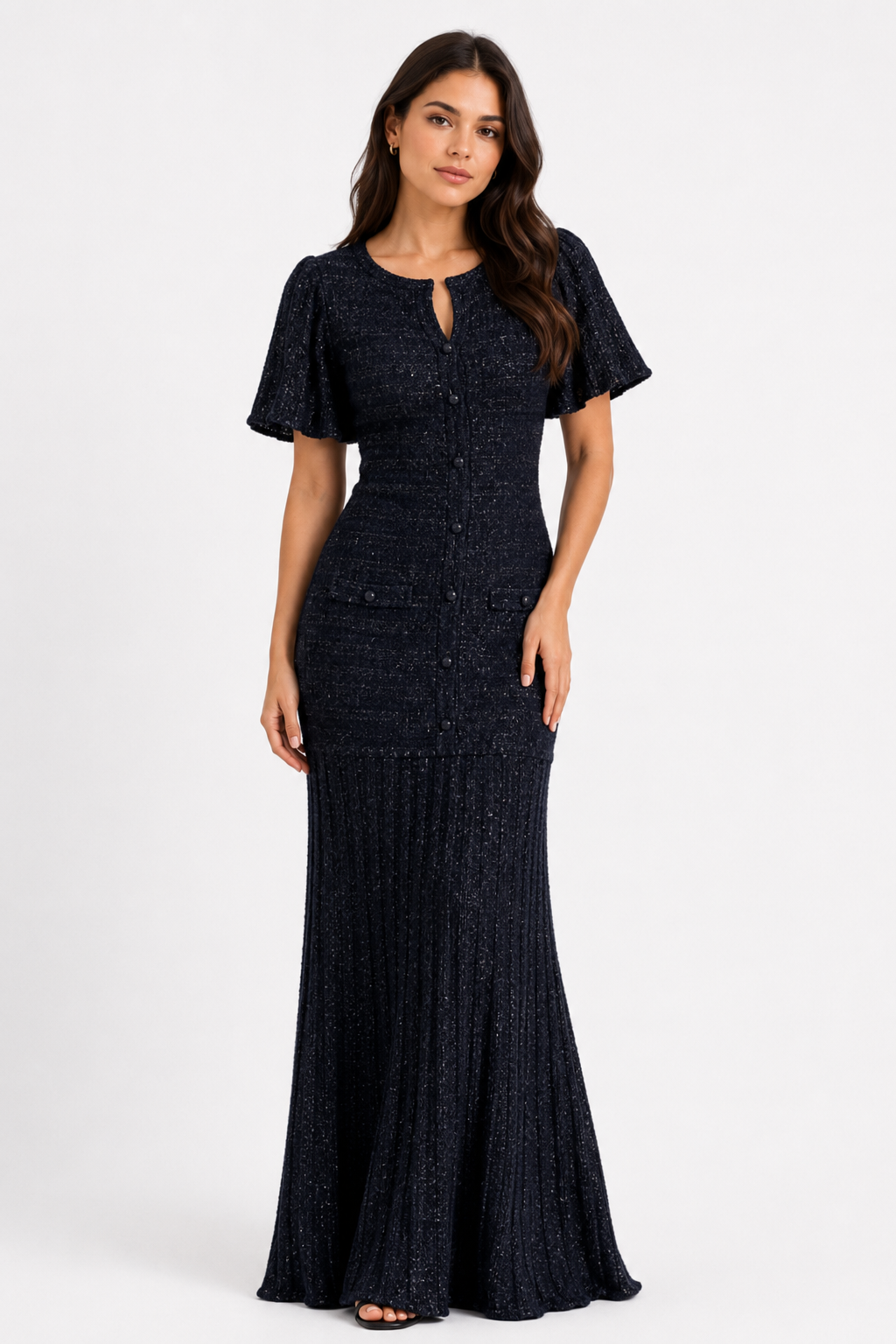 Eleni Black Elegant Tweed Maxi Dress