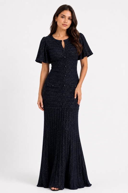 Eleni Black Elegant Tweed Maxi Dress