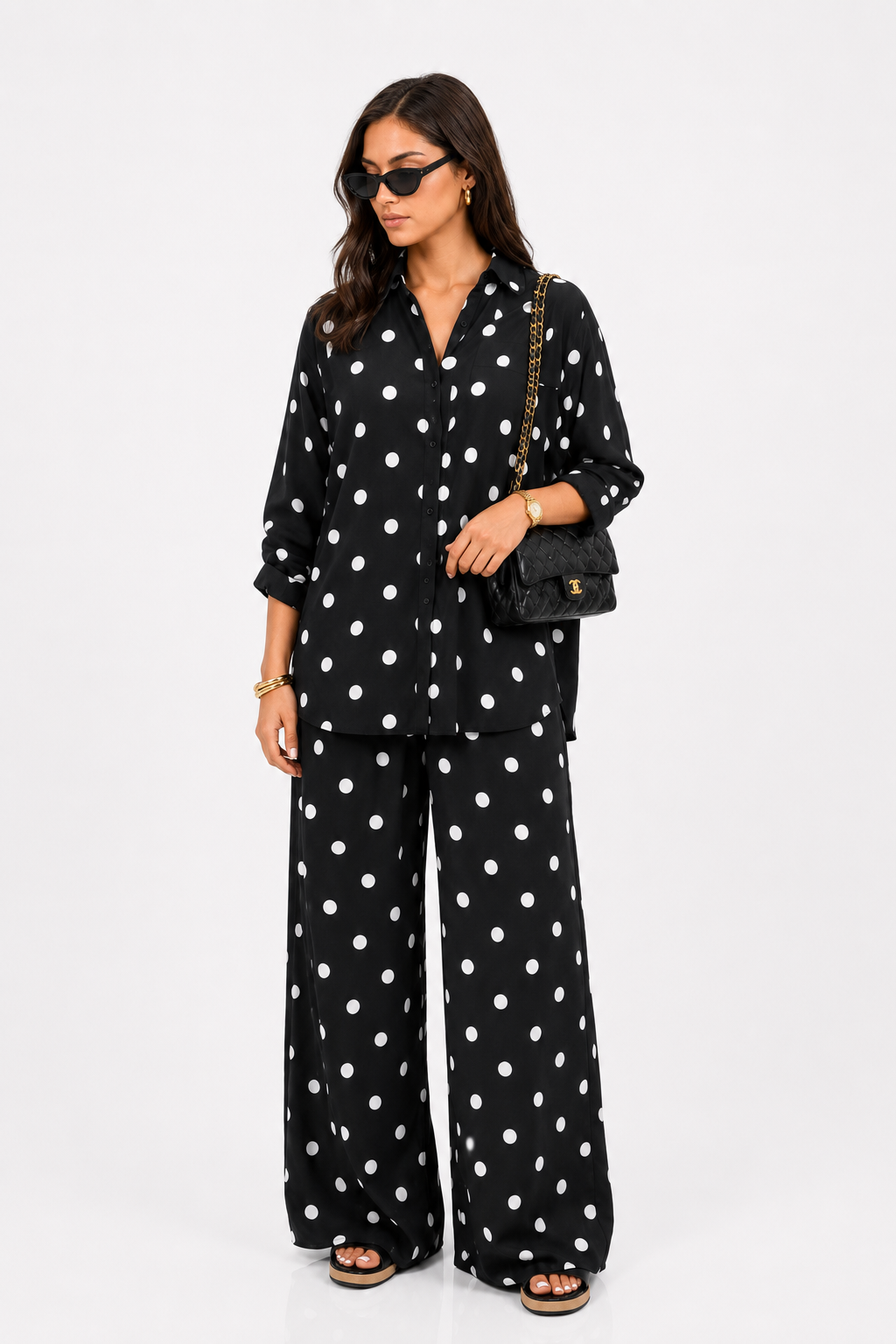 Amina Black Polka Dot Shirt & Wide Leg Pants Set
