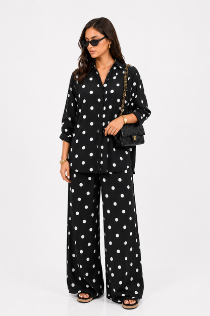 Amina Black Polka Dot Shirt & Wide Leg Pants Set