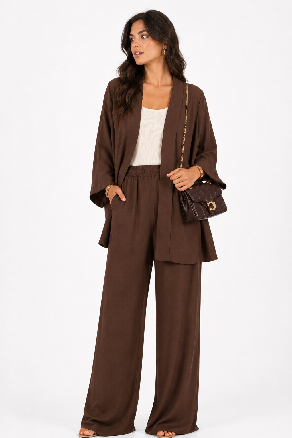 Nelia Mocha Kimono & Wide Leg Pants Set