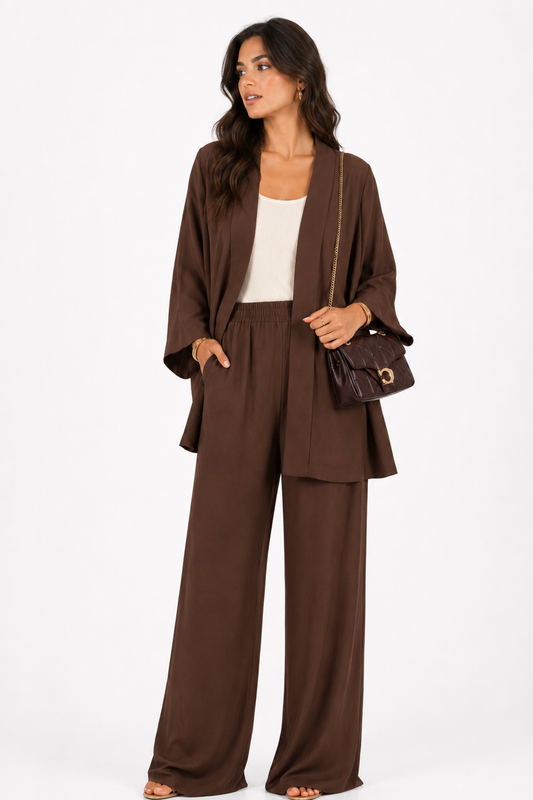 Nelia Mocha Kimono & Wide Leg Pants Set