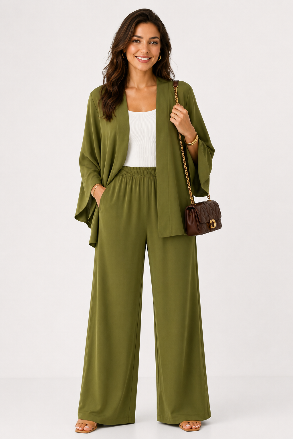 Elodie Olive Green Kimono & Wide Leg Pants Set
