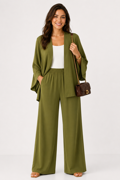 Elodie Olive Green Kimono & Wide Leg Pants Set