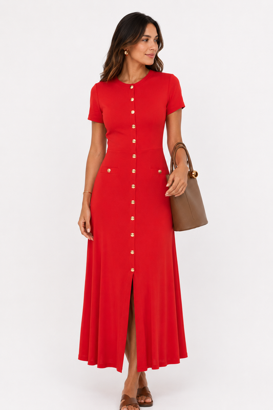 Eleni Red Button Detail Midi Dress