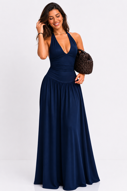 Leonie Navy Blue Halter Neck Maxi Dress