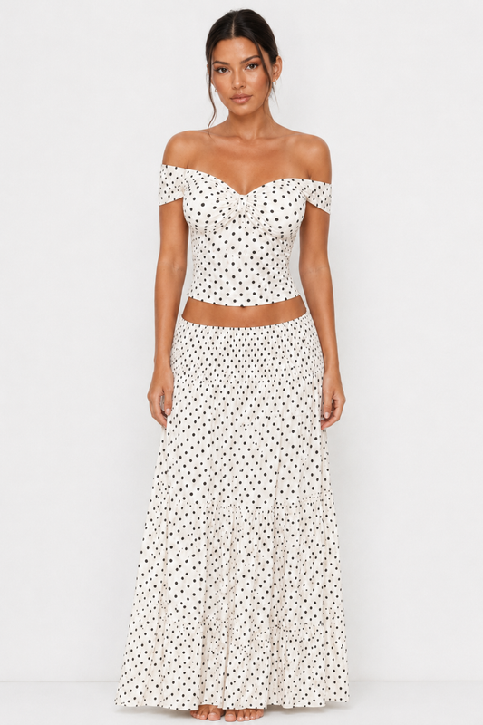 Malia White Dots Maxi Skirt Set