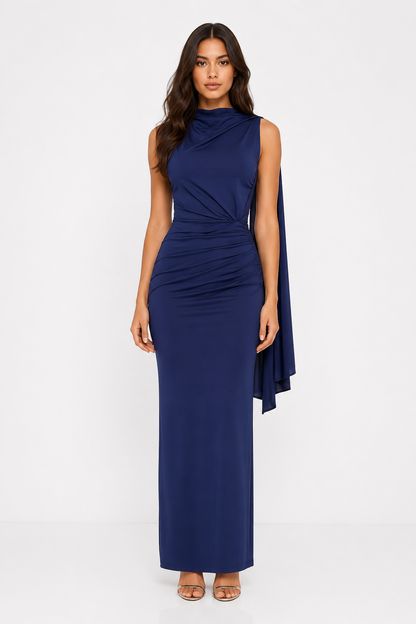 Zoya Navy Draped Maxi Dress