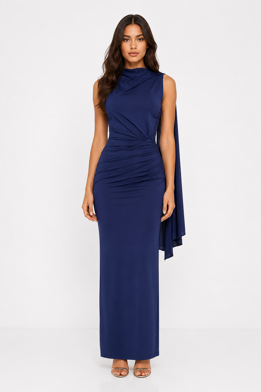 Zoya Navy Draped Maxi Dress