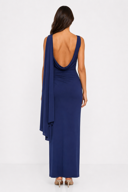 Zoya Navy Draped Maxi Dress